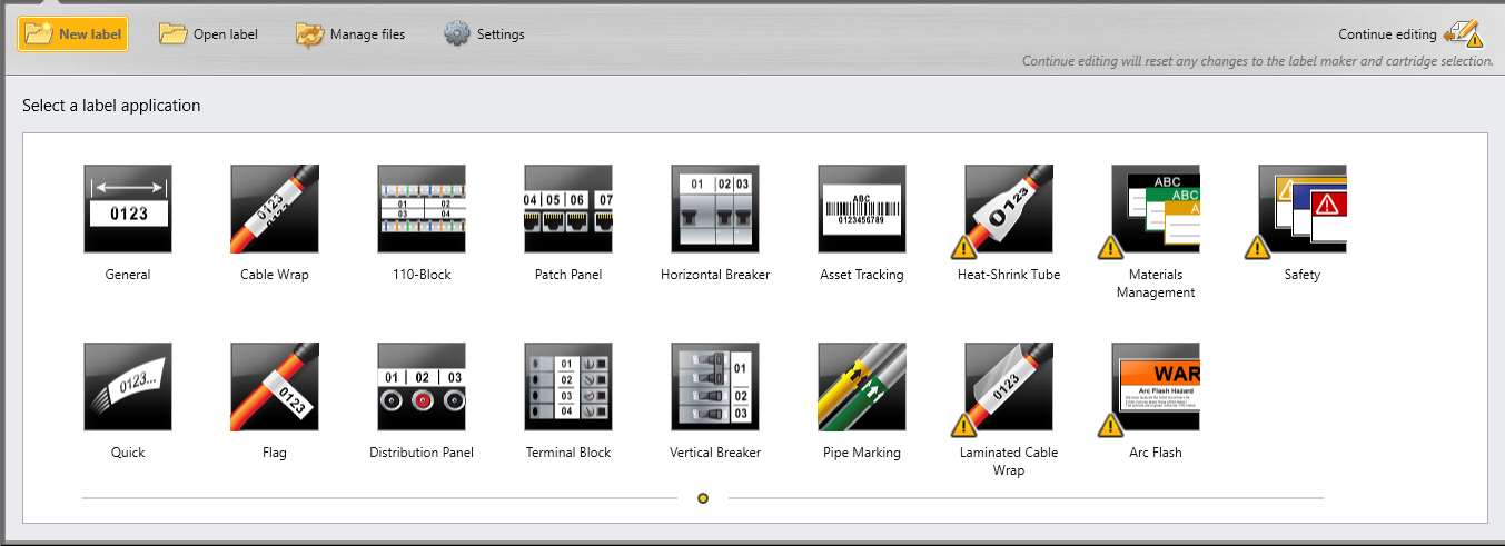 DYMO Rhino 6000+ Startbildschirm mit verschiedenen Etiketten-Layout-Optionen